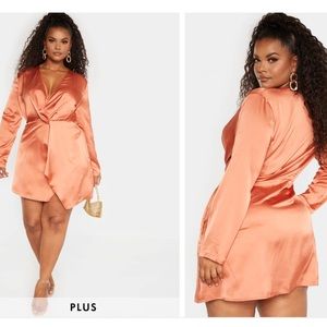 Pretty little thing long sleeve rust satin wrap dress orange silky plus size